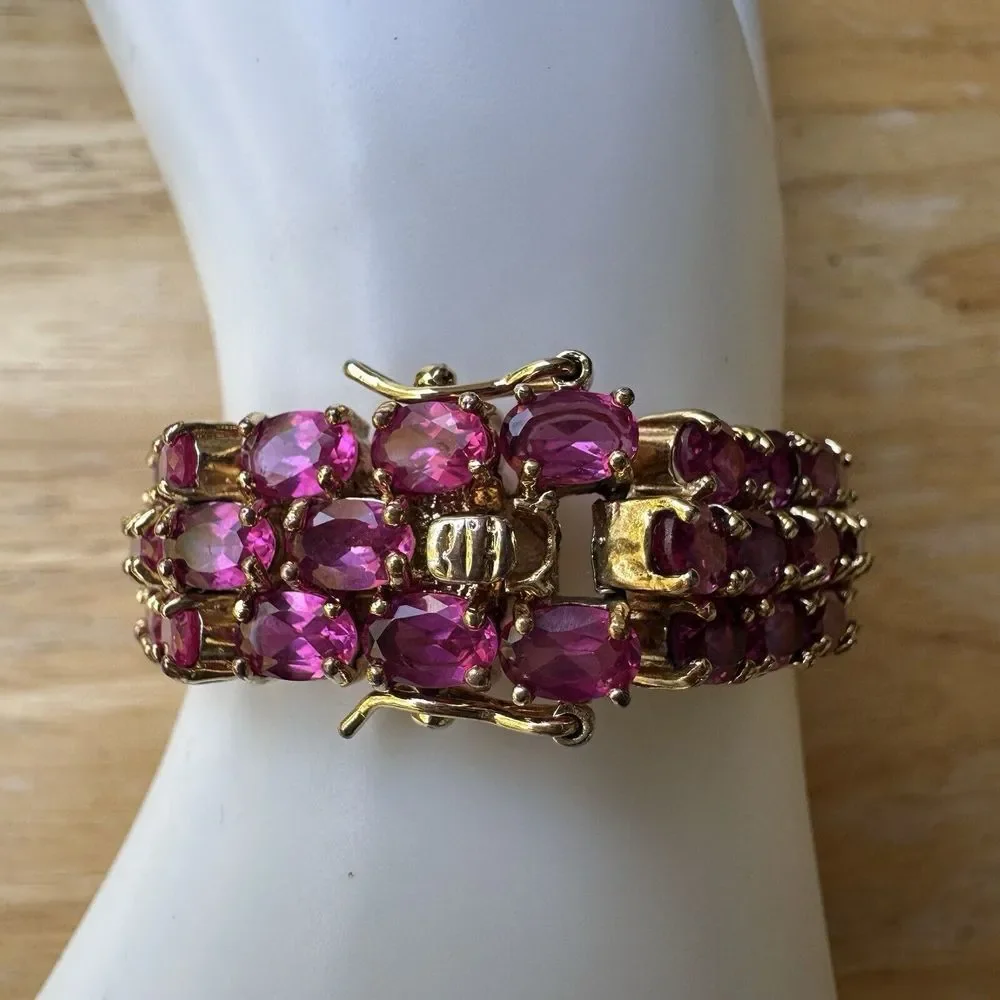Link Bracelet Lab Pink Sapphires 3 Tier Size 7 Gold Plated Sterling Silver 42.7g